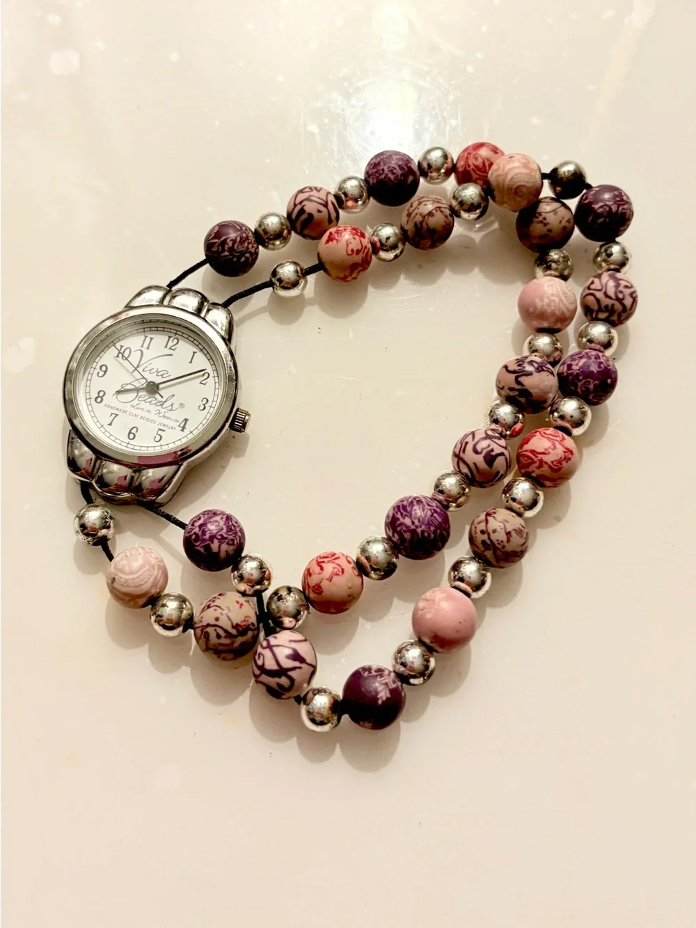 Viva Beads Women's Analog Quartz Beaded Bracelet Watch White Dial Silver Tone